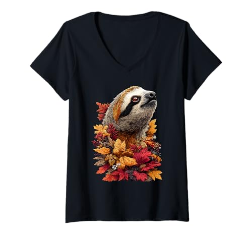 Damen Süßes Faultier mit Herbstlaub Herbstblumen Dschungeltier T-Shirt mit V-Ausschnitt Damen Süßes Faultier mit Herbstlaub Herbstblumen Dschungeltier T-Shirt mit V-Ausschnitt von Wildlife Animals Autumn Aesthetic Clothing