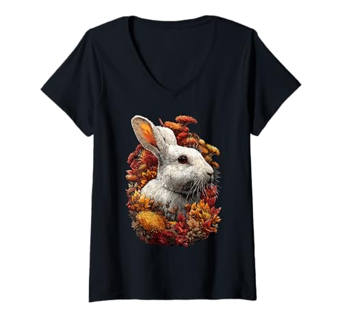 Damen Süßes Kaninchen mit Herbstlaub Herbstblumen Waldtier T-Shirt mit V-Ausschnitt Damen Süßes Kaninchen mit Herbstlaub Herbstblumen Waldtier T-Shirt mit V-Ausschnitt von Wildlife Animals Autumn Aesthetic Clothing