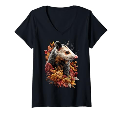 Damen Süßes Opossum mit Herbstlaub Herbstblumen Waldtier T-Shirt mit V-Ausschnitt Damen Süßes Opossum mit Herbstlaub Herbstblumen Waldtier T-Shirt mit V-Ausschnitt von Wildlife Animals Autumn Aesthetic Clothing