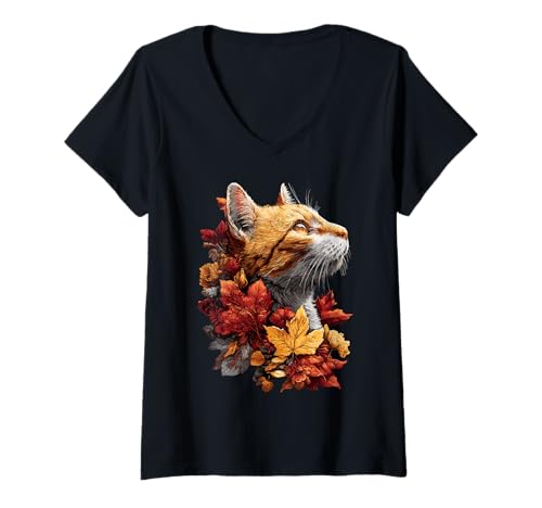 Damen Tabby Katze mit Herbstlaub Herbstblumen Katzentier T-Shirt mit V-Ausschnitt Damen Tabby Katze mit Herbstlaub Herbstblumen Katzentier T-Shirt mit V-Ausschnitt von Wildlife Animals Autumn Aesthetic Clothing