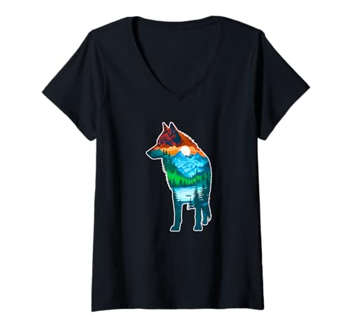 Damen Wolf Silhouette Natur Wald Berge Wildnis Wolf Kunst T-Shirt mit V-Ausschnitt von Wildlife Art Double Exposure Camping Wolf Tees