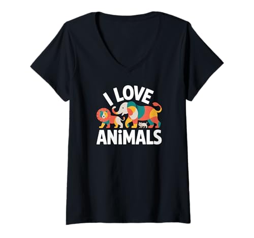 Damen I Love Animals Buntes Wildtier-Design T-Shirt mit V-Ausschnitt Damen I Love Animals Buntes Wildtier-Design T-Shirt mit V-Ausschnitt von Wildlife Conservation Animal Lovers