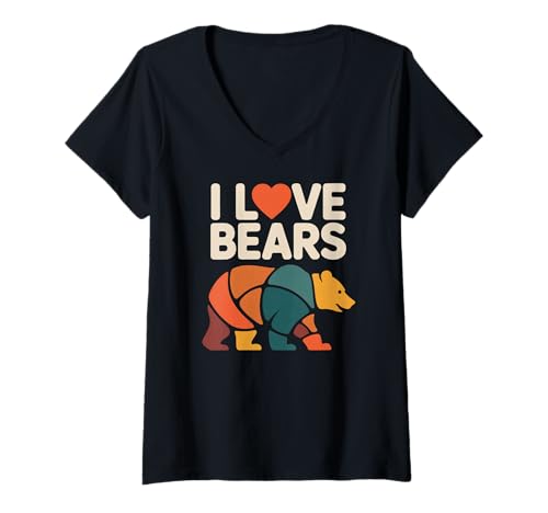 Damen I Love Bears Mosaik Wildlife Grafik T-Shirt mit V-Ausschnitt Damen I Love Bears Mosaik Wildlife Grafik T-Shirt mit V-Ausschnitt von Wildlife Enthusiast Bear Nature Lovers