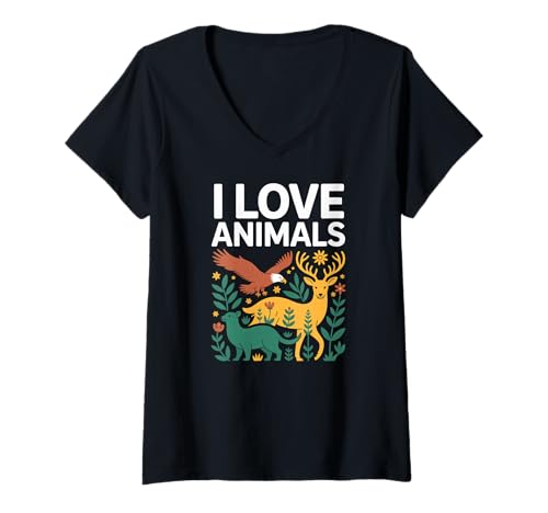 Damen Ich Liebe Tiere, Wildtiere, Waldszene T-Shirt mit V-Ausschnitt Damen Ich Liebe Tiere, Wildtiere, Waldszene T-Shirt mit V-Ausschnitt von Wildlife Enthusiasts Nature Lovers