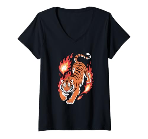 Damen Feuriger Tiger In Flammen Illustration T-Shirt mit V-Ausschnitt Damen Feuriger Tiger In Flammen Illustration T-Shirt mit V-Ausschnitt von Wildlife Feuer Tiger Kunst Motiv Geschenk