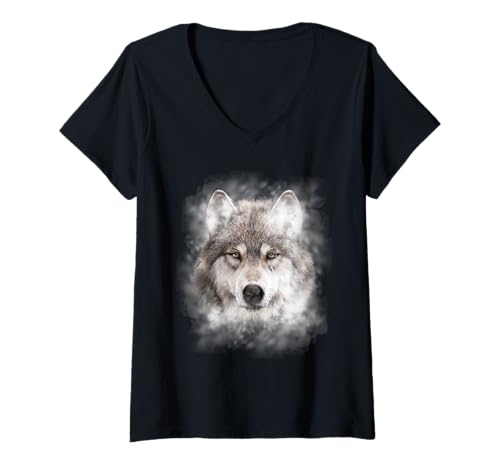 Damen Wolf Illustration Wolf im Nebel Wolfliebhaber Wolf Lovers T-Shirt mit V-Ausschnitt Damen Wolf Illustration Wolf im Nebel Wolfliebhaber Wolf Lovers T-Shirt mit V-Ausschnitt von Wildlife-Liebhaber Wildlife-Motive Designs