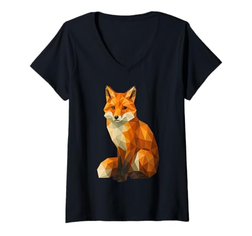 Damen Niedlicher Fuchs, niedrig, Polygon, geometrisches Tiermotiv T-Shirt mit V-Ausschnitt Damen Niedlicher Fuchs, niedrig, Polygon, geometrisches Tiermotiv T-Shirt mit V-Ausschnitt von Wildlife Lovers Polygon Fox Low Poly Design