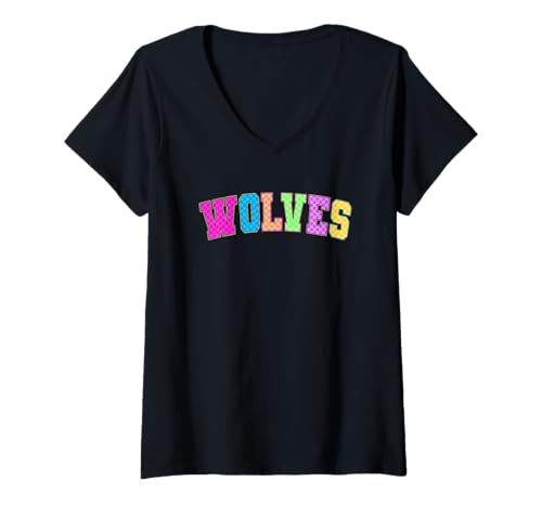 Damen Vibrant Wolves Bunte Typografie T-Shirt mit V-Ausschnitt Damen Vibrant Wolves Bunte Typografie T-Shirt mit V-Ausschnitt von Wildlife Nature Animal Enthusiasts