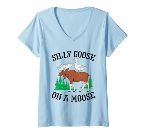 Damen Dumme Gans auf einem Elch, lustiges Meme, Tierliebhaber T-Shirt mit V-Ausschnitt Damen Dumme Gans auf einem Elch, lustiges Meme, Tierliebhaber T-Shirt mit V-Ausschnitt von Wildly Silly Goose