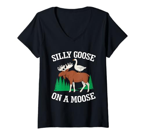 Damen Dumme Gans auf einem Elch, lustiges Meme, Tierliebhaber T-Shirt mit V-Ausschnitt Damen Dumme Gans auf einem Elch, lustiges Meme, Tierliebhaber T-Shirt mit V-Ausschnitt von Wildly Silly Goose