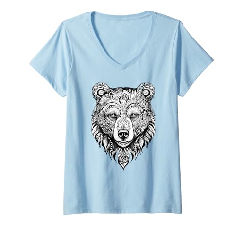 Damen Bär Bärenkopf Kunst in Tattoo Stil Wildnis Freunde Bären T-Shirt mit V-Ausschnitt von Wildnis Wilde Tiere Designs Bär Naturfreunde