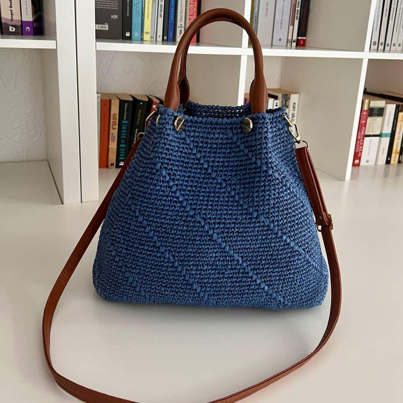 Handmade Designer Bucket Bag - Jeans Blue Raffia With Real Leather Handles Handmade Designer Bucket Bag - Jeans Blue Raffia With Real Leather Handles von Wildrosenwelt