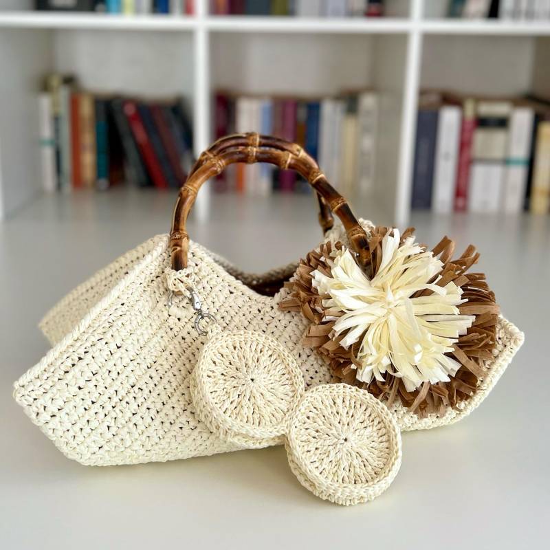 Romantic Cream Raffia Handbag With Bamboo Handle & Floral Detail - Unique Summer Style.gift Handmade Glasses Case/Headband Romantic Cream Raffia Handbag With Bamboo Handle & Floral Detail - Unique Summer Style.gift Handmade Glasses Case/Headband von Wildrosenwelt