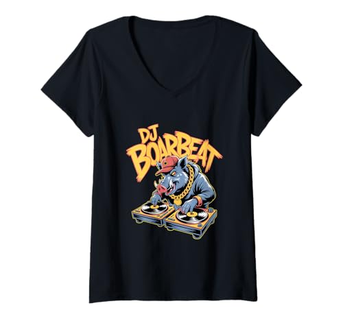Damen DJ Boarbeat Wildschwein Rap Club Beats Plattenspieler T-Shirt mit V-Ausschnitt Damen DJ Boarbeat Wildschwein Rap Club Beats Plattenspieler T-Shirt mit V-Ausschnitt von Wildschwein DJ Turntables Hip Hop Party Beats