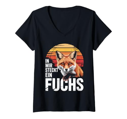 Damen In Mir Steckt Ein Fuchs Wildtier T-Shirt mit V-Ausschnitt von Wildtiere Natur Fuchs Retro Sonne