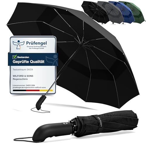 Regenschirm Taschenschirm Sturmfest + Auf-Zu Automatik & Schirm-Tasche, Schwarz | Herren Damen Reiseschirm - Kompakt Stabil, Teflon Wind- & Regen- Dicht | Taschenregenschirm Golfschirm Umbrella von Wilford & Sons