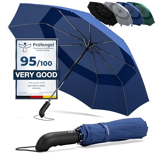 Regenschirm Taschenschirm Sturmfest + Auf-Zu Automatik & Schirm-Tasche, Schwarz | Herren Damen Reiseschirm - Kompakt Stabil, Teflon Wind- & Regen- Dicht | Taschenregenschirm Golfschirm Umbrella von Wilford & Sons