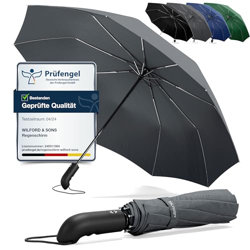 Regenschirm Taschenschirm Sturmfest + Auf-Zu Automatik & Schirm-Tasche, Schwarz | Herren Damen Reiseschirm - Kompakt Stabil, Teflon Wind- & Regen- Dicht | Taschenregenschirm Golfschirm Umbrella von Wilford & Sons