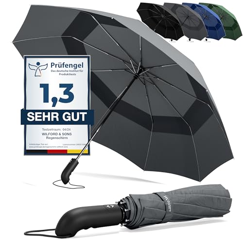 Regenschirm Taschenschirm Sturmfest + Auf-Zu Automatik & Schirm-Tasche, Schwarz | Herren Damen Reiseschirm - Kompakt Stabil, Teflon Wind- & Regen- Dicht | Taschenregenschirm Golfschirm Umbrella von Wilford & Sons