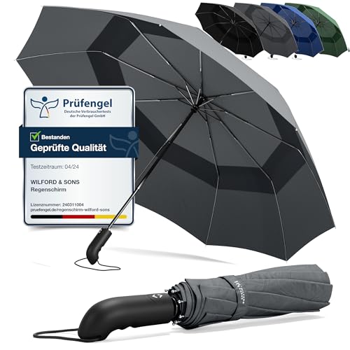 Regenschirm Taschenschirm Sturmfest + Auf-Zu Automatik & Schirm-Tasche, Schwarz | Herren Damen Reiseschirm - Kompakt Stabil, Teflon Wind- & Regen- Dicht | Taschenregenschirm Golfschirm Umbrella von Wilford & Sons