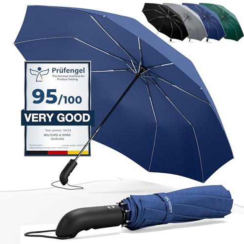 Regenschirm Taschenschirm Sturmfest + Auf-Zu Automatik & Schirm-Tasche, Schwarz | Herren Damen Reiseschirm - Kompakt Stabil, Teflon Wind- & Regen- Dicht | Taschenregenschirm Golfschirm Umbrella von Wilford & Sons