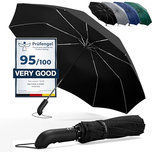 Regenschirm Taschenschirm Sturmfest + Auf-Zu Automatik & Schirm-Tasche, Schwarz | Herren Damen Reiseschirm - Kompakt Stabil, Teflon Wind- & Regen- Dicht | Taschenregenschirm Golfschirm Umbrella von Wilford & Sons