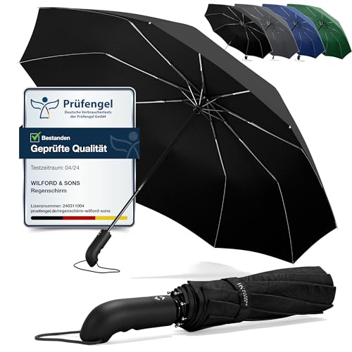 Regenschirm Taschenschirm Sturmfest + Auf-Zu Automatik & Schirm-Tasche, Schwarz | Herren Damen Reiseschirm - Kompakt Stabil, Teflon Wind- & Regen- Dicht | Taschenregenschirm Golfschirm Umbrella von Wilford & Sons