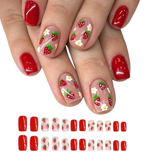 24 Stück Abnehmbare Press On Nägel Erdbeere Künstliche Nägel Blumen Vollabdeckungen Zum Aufkleben Kurze Künstliche Nägel Für Frauen von Wilgure