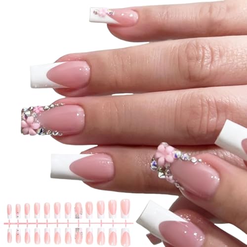 24 Stück French Tip Press On Nails Mit Strasssteinen Und 3D Blumen Zum Aufkleben Von Nägeln Maniküre Zubehör Für Stilvolle Frauen 24 Stück French Tip Press On Nails Mit Strasssteinen Und 3D Blumen Zum Aufkleben Von Nägeln Maniküre Zubehör Für Stilvolle Frauen von Wilgure