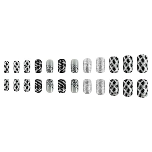 24 Stück Kurze Quadratische Nägel Zum Aufkleben Glänzende Künstliche Nägel Mit Schachbrettmuster Streifen Zum Aufdrücken Der Nägel Für Frauen von Wilgure