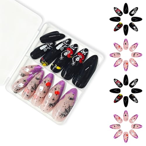 48pcs Mandel Französische Tipps Gefälschte Nägel Acrylnägel Spiders Web Stick Auf Nägeln Für Frauen Halloween Press Auf Nägel Geschenke Stick Auf Nagel von Wilgure
