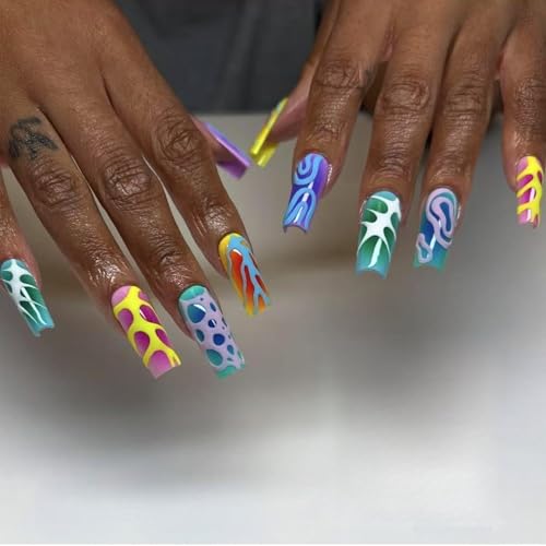 Drücken Sie Auf Nägeln Quadratische Gefälschte Nägel Mit Bunten Designs Falsche Nägel Glänzende Kleber Auf Künstlichen Nägeln Für Frauen Mädchen Design Falscher Nagel von Wilgure