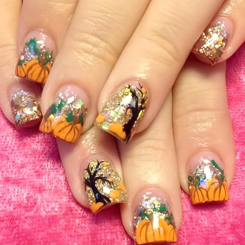 Halloween Press Auf Nägeln Kurz Blatt Design Leichte Bauchmuskeln False Nails Für Frauen Party Täglicher Party Faux Nail Pumpkin Blatt Halloween Kurz von Wilgure