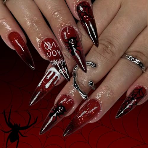 Mandel French Tipps Gefälschte Nägel Acryl Mit Spiders Designs Für Frauen Halloween Press Stick Nagel von Wilgure