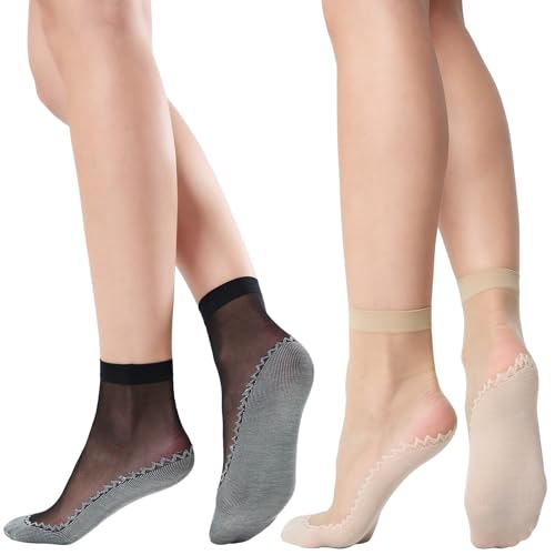 WiliW 12 Paar Socken Damen Feinstrümpfe, Rutschfeste Nylonstrümpfe damen, Knöchel Feinsöckchen,Antirutsch Feinsoeckchen Damen(Hautfarben und Schwarz, Einheitsgröße) von WiliW