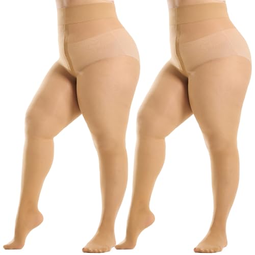 WiliW 2 Paar Reißfeste Strumpfhosen für Damen Große Größen,10D Ultra Feinstrumpfhose Hautfarbe,Shape Strumpfhose Hohe Taille mit Verstärkten Zehen von WiliW