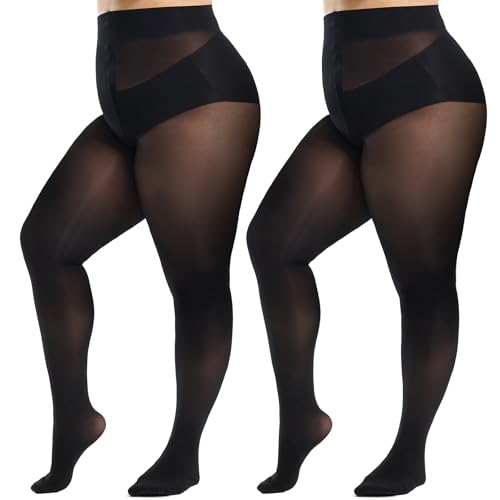WiliW 2 Paar Reißfeste Strumpfhosen für Damen Große Größen,10D Ultra Feinstrumpfhose Schwarz,Shape Strumpfhose Hohe Taille mit Verstärkten Zehen von WiliW