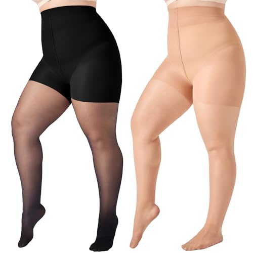 WiliW Bauchweg Strumpfhosen Damen Große Größen Shape Feinstrumpfhose Damen Kompressionsstrumpfhose Hoch taillierte stützstrumpfhosen 2 Paar von WiliW