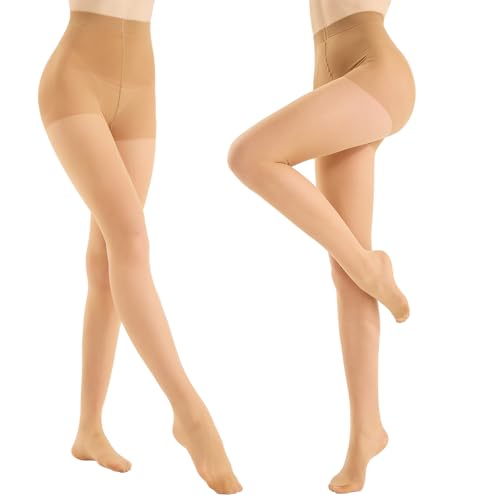WiliW Extrem Reißfest Strumpfhosen für Damen 2 Paar,10DEN Shape Hautfarben Strumpfhosen mit Kontrolloberteil und Hoher Taille Feinstrumpfhose von WiliW