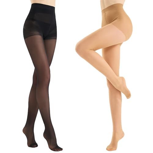 WiliW Extrem Reißfest Strumpfhosen für Damen 2 Paar,10DEN Shape Schwarze und Hautfarben Strumpfhosen mit Kontrolloberteil und Hoher Taille Feinstrumpfhose von WiliW