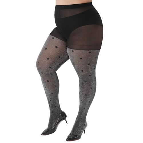 WiliW Strumpfhosen Damen Grosse Grössen,Glitzer Strumpfhosen Damen Muster,Strumpfhose Damen Schwarz Glänzenden 40 Denier mit Punkten von WiliW