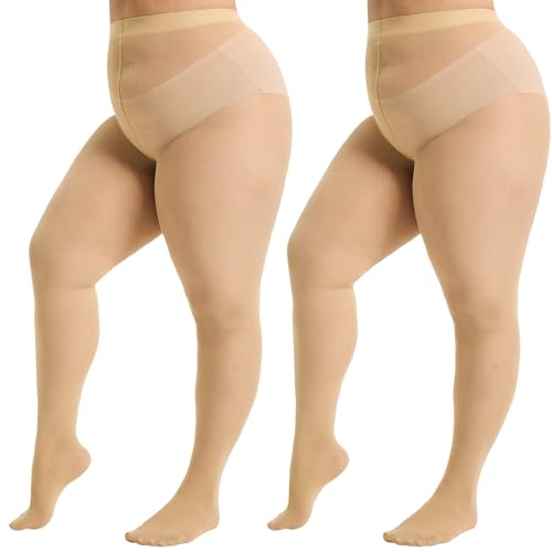 WiliW Strumpfhosen Damen Grosse Grössen,2 Paar Curvy Strumpfhosen Damen Hautfarbe,40D Transparent Reißfest Feinstrumpfhose von WiliW