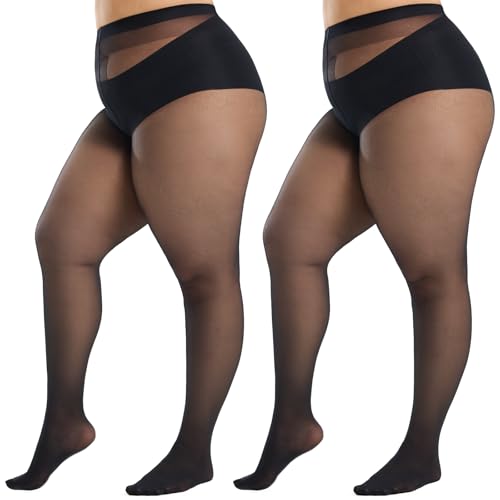 WiliW Strumpfhosen Damen Grosse Grössen,2 Paar Curvy Strumpfhosen Damen Schwarz,40D Transparent Reißfest Feinstrumpfhose von WiliW