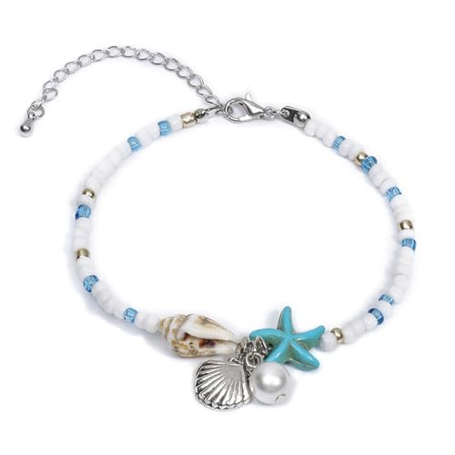 Wilitto Beach Connection Fußkettchen Marine Armband Boho Handgemachte Muschel Perlen Fußkette mit verstellbarem geflochtenem Design Muschel Seestern Charm, Legierung, Harz, Sekundärer Stein von Wilitto