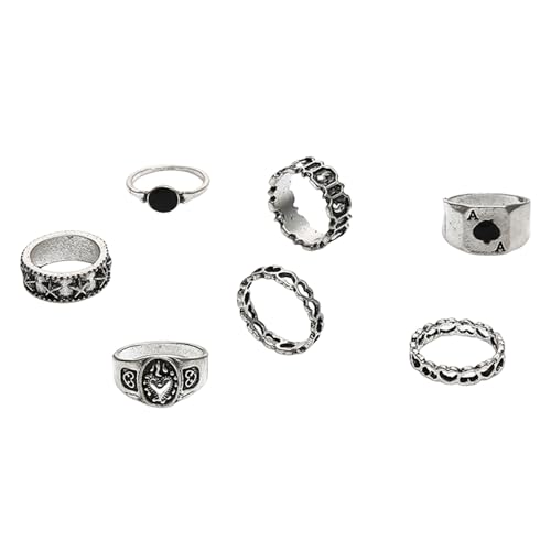 Wilitto Leichter Retro-Ring, schlicht, für Valentinstag, hohles Herz, 7-teiliges Set, luxuriöser dunkler Stil, reines Kupfer, Spaten, Schmuck, Geschenk, Metall, Sekundärer Stein von Wilitto