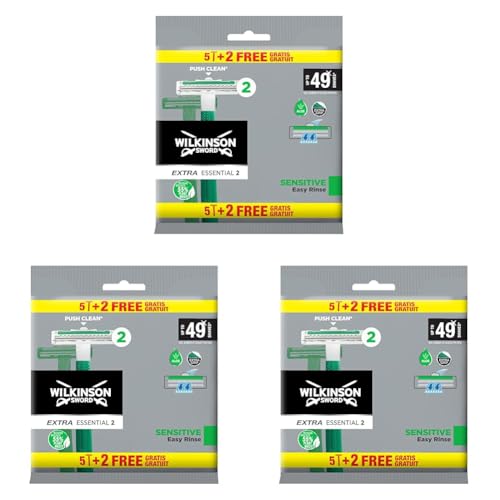 Wilkinson Sword Extra 2 Sensitive Einwegrasierer, 5 Stück + 2 Stück, Gleitstreifen mit Vitamin E zur Vermeidung von Hautreizungen, vollständiger Rasierschutz (Packung mit 3) von Wilkinson Sword