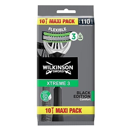 Wilkinson Sword Xtreme 3 Black Edition Einwegrasierer, Packung mit 10 Stück, 3 Klingen mit flexiblem Kopf, flexible Komfort-Technologie, vollständiger Rasierschutz von Wilkinson Sword