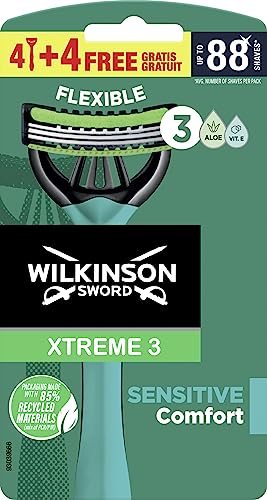 Wilkinson Sword Xtreme 3 Sensitive Einwegrasierer mit 3 flexiblen Klingen und Gleitstreifen mit Aloe Vera und Vitamin E, 4 + 4 Stück von Wilkinson Sword