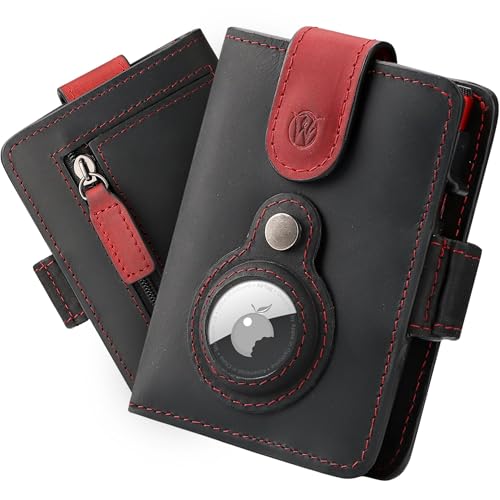 Will Fire® Smart Wallet Herren mit Airtag-Fach & Photokapsel | Inkl. Airtag Anhänger | Echtleder Airtag Wallet mit Münzfach & Scheinfach | RFID Schutz | Bis zu 12 Karten | [Black-Red, Wildleder] von Will Fire