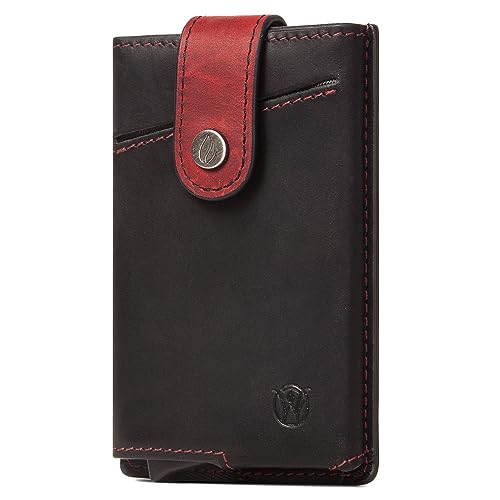 Will Fire® Essential | Slim Wallet | Kartenetui für bis zu 10 Karten | Kreditkartenetui | Cardholder | Kartenbox mit RFID Schutz | Leder Geldbörse | Card Pop Up (Schwarz-Rot) von Will Fire